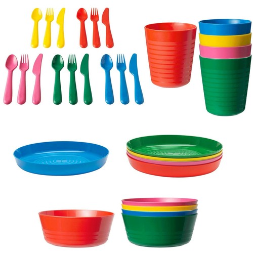 Kids Plastic Bowls Cups Plates Cutlery Set Individual Colours children