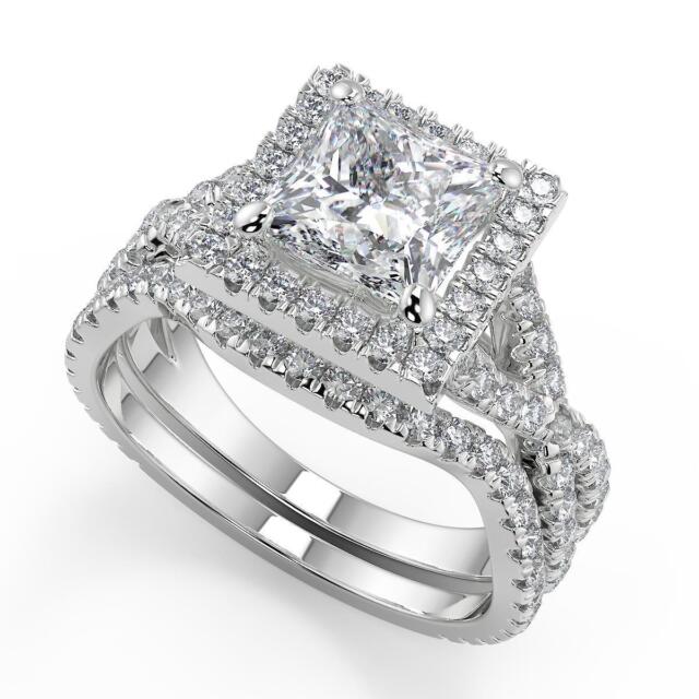 1.7 Ct Princess Micro Pave Halo Infinity Diamond Engagement Ring VS1 D Treated
