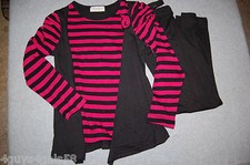 Girls Outfit BLACK LEGGINGS L/S Shirt PINK BLACK STRIPE Layered Look Vest S 6-6X