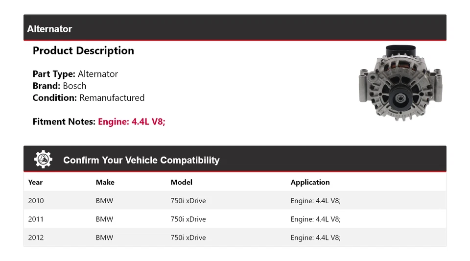 Alternador Bosch para BMW 750i xDrive 2010-2012 4,4 L V8 (remanufacturado) 2011 Foto 2 de 4
