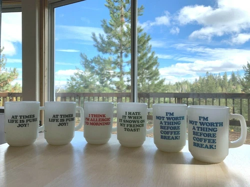6 Vintage Anchor Hocking Fire King Peanuts Milk Glass Mugs