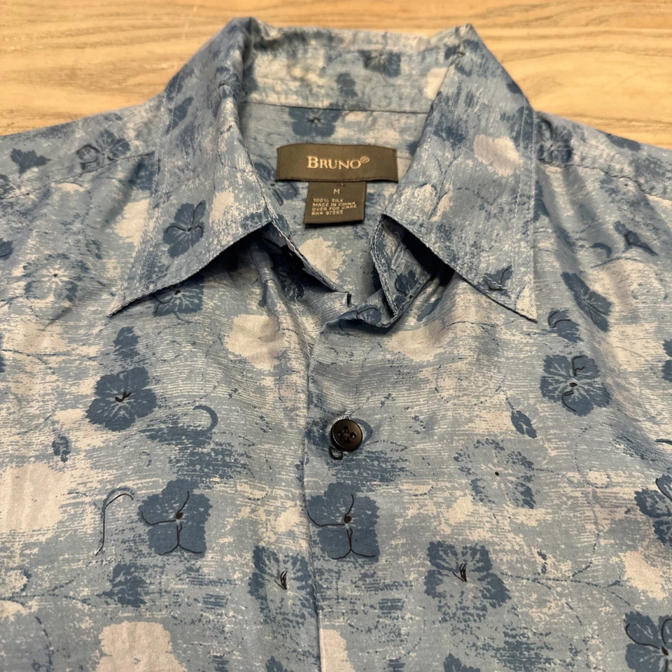 Camisa De Colección Bruno Azul Seda Floral Estampado Geométrico Para Hombres M Manga Corta Abotonada Foto 2 de 4