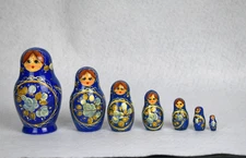 7 Piece Russian Nesting Dolls Hand Painted Wood Blue  5 1/2” Tall