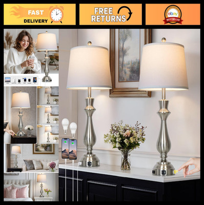 Set of 2 Silver Touch Lamps - 29.5'' Tall Bedside USB C+A, 3-Way Dimmable, Brushe