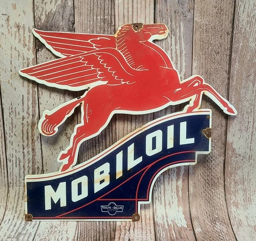 Large Vintage MobilOil Mobil Pegasus Porcelain Metal Oil Gas Sign Texlite Dallas