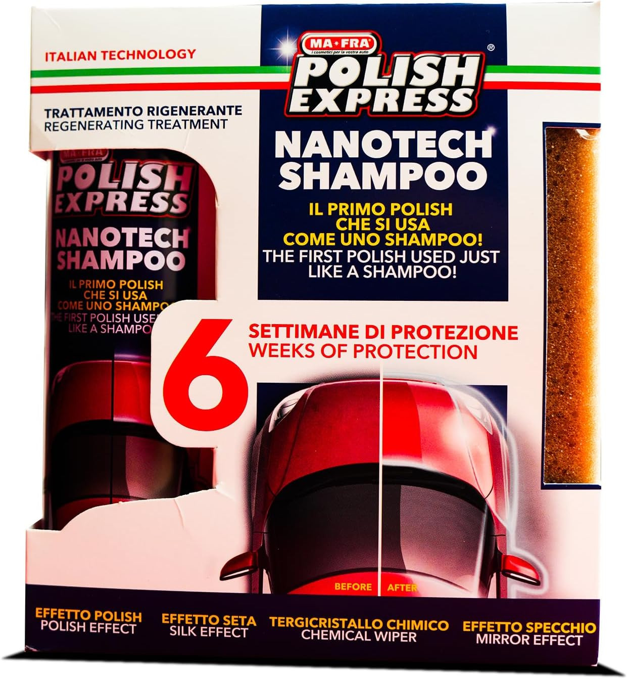MAFRA Kit Polish Express: Shampoo Nanotecnologico Auto 250ml + Spugna