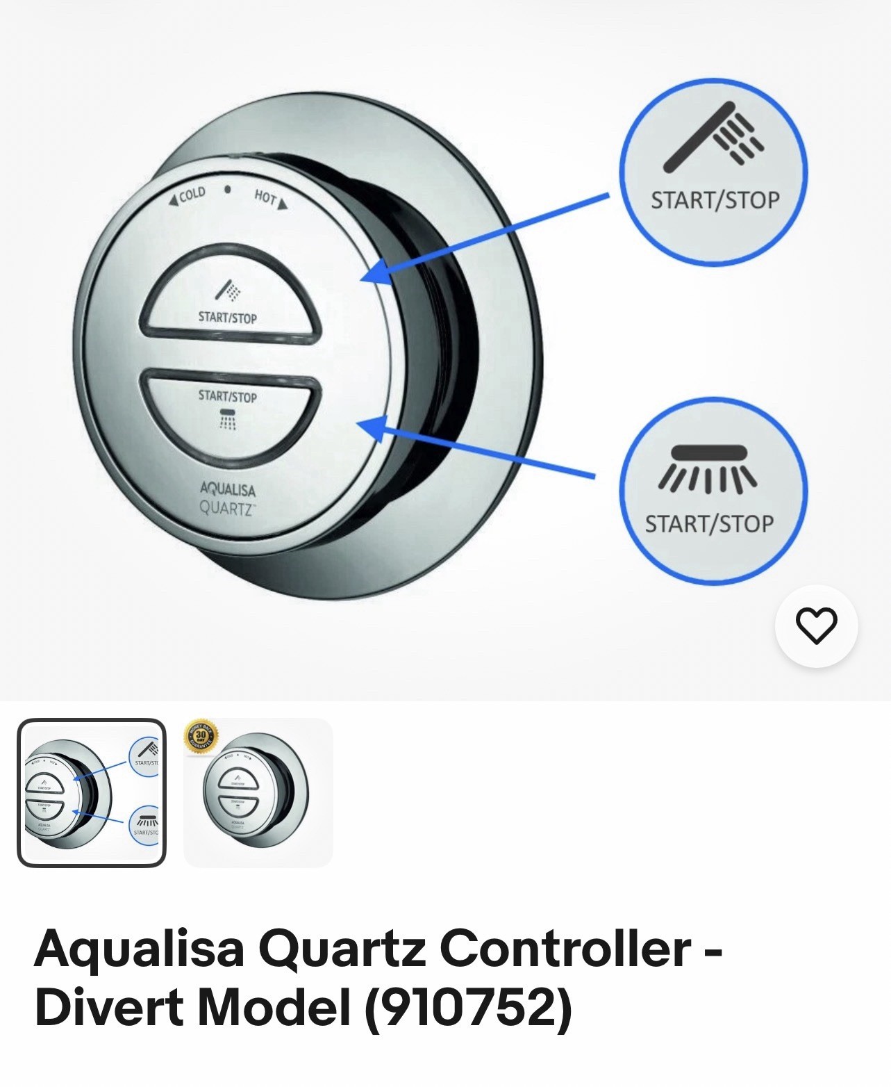 Aqualisa Quartz Controller 910752 Start/Stop Divert Function