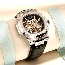 42MM LONGLUX Orologio Uomo Automatico Lusso Scheletro Impermeabile Pelle Regalo NUOVO