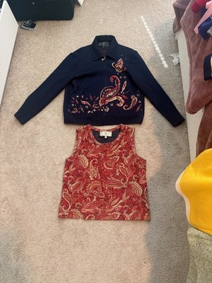 ST. JOHN SPORT by Marie Gray | Beaded Paisley Two-Piece Set | Navy + Red/Gold
