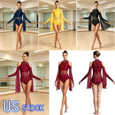 US Women Lyrical Dance Leotard Glitter Rhinestones Sheer Mesh Dancewear Bodysuit