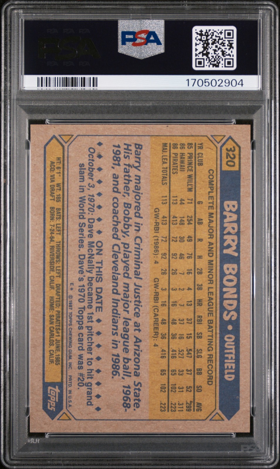 1987 TOPPS #320 BARRY BONDS ROOKIE RC PSA 8 view 2