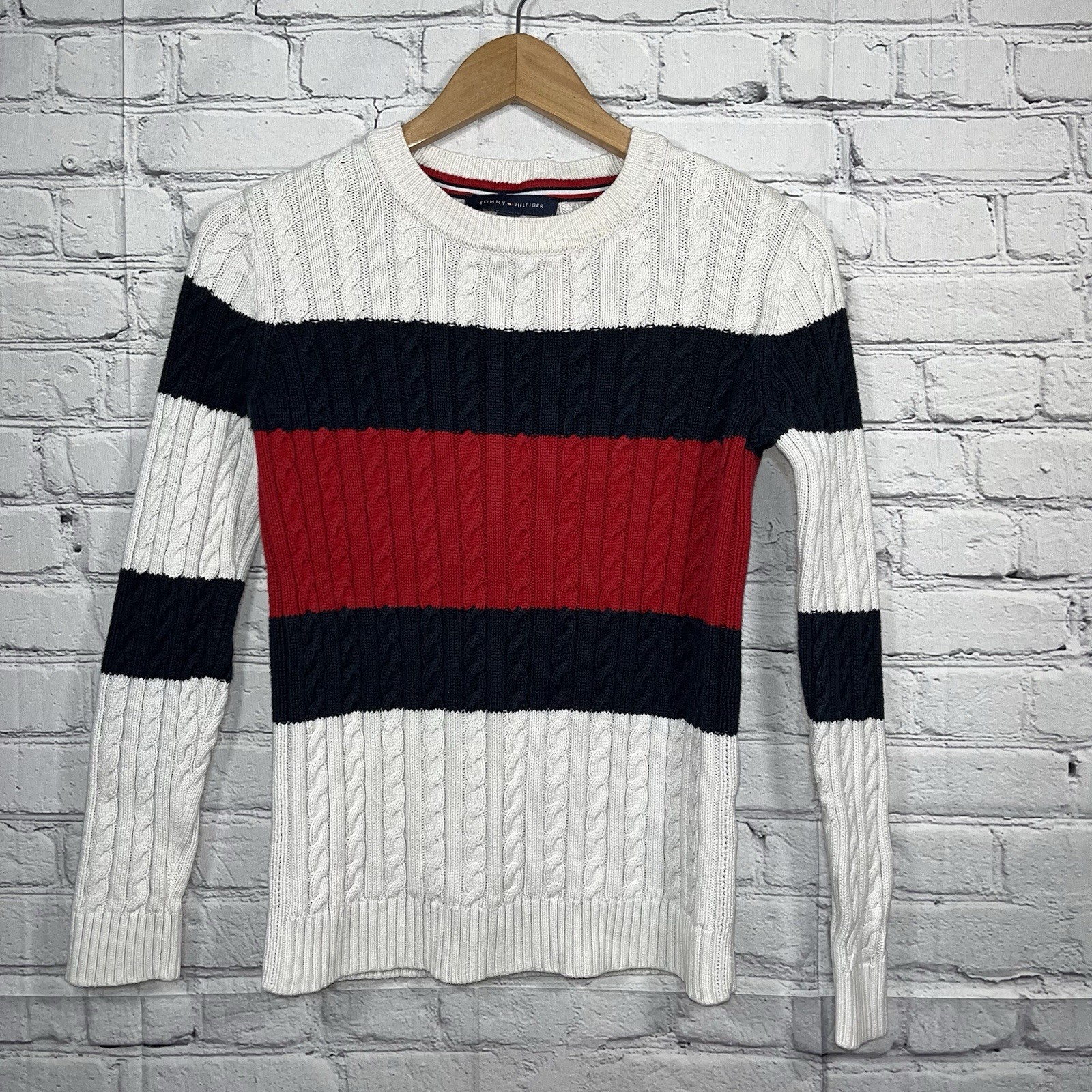 Vintage Tommy Hilfiger Cable Knit Sweater Womens Size Small Red White & Blue