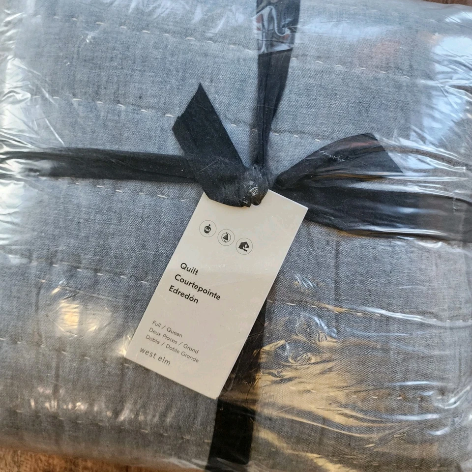 West Elm European Flax Linen Cotton Pick Stitch Full Queen Quilt Indigo Blue New - Image 3 of 4