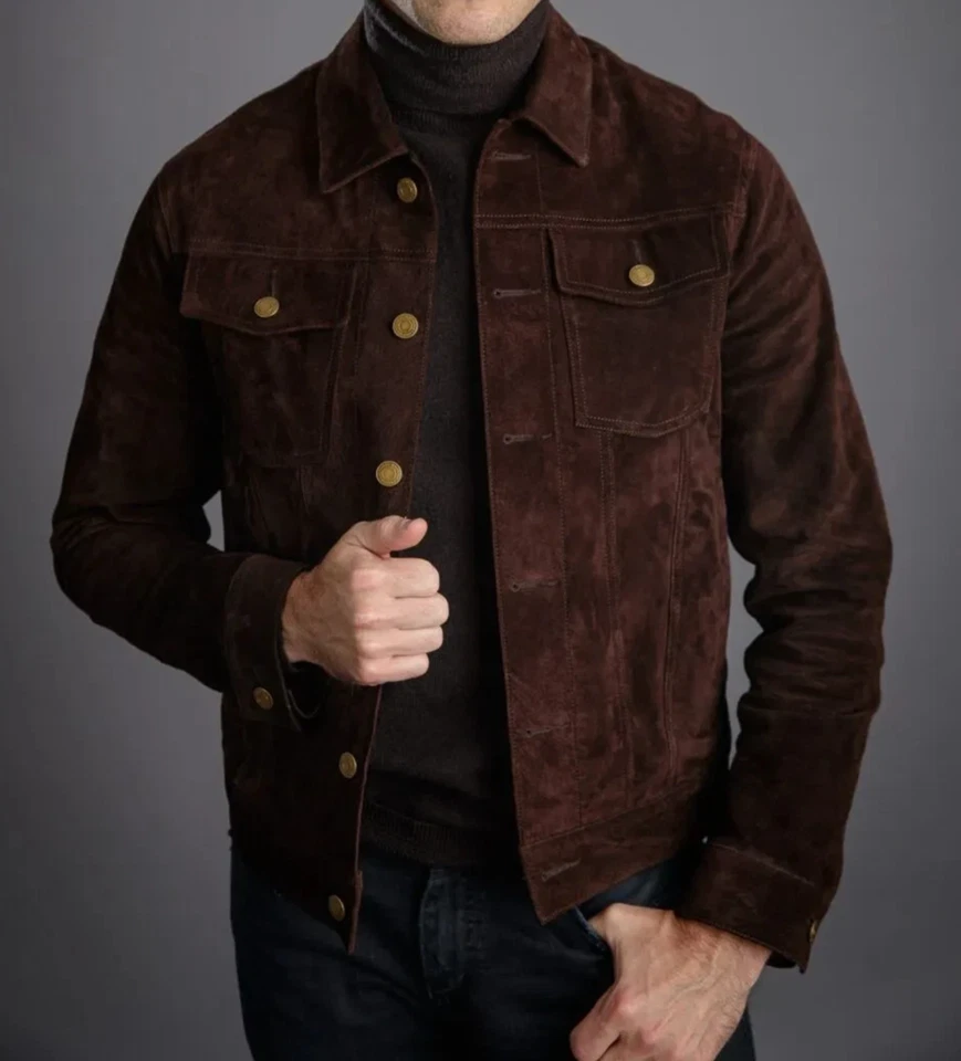 Men Brown Pure Suede Leather Jacket Slim Fit Trucker Jacket Custom Size S M L XL - Image 3 of 4