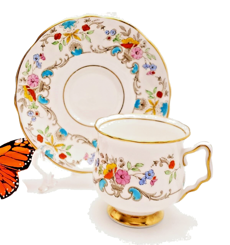 Taza de té y platillo floral Royal Stafford - porcelana de hueso inglesa con patas doradas - Imagen 10 de 15