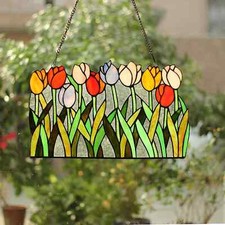Tiffany Style Stained Glass Window Panel Multi-Color Tulip Floral ONE THIS PRICE