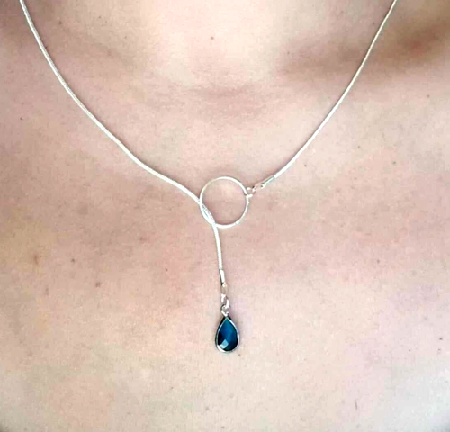Sterling Silver Blue Topaz Necklace Silver Lariat Necklace Simulated Blue Topaz