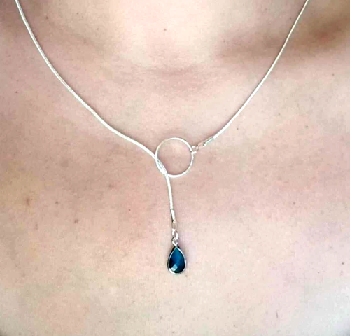 Collana Topazio Blu Argento Sterling Collana Argento Lariat Simulata Topazio Blu - Foto 1 di 7