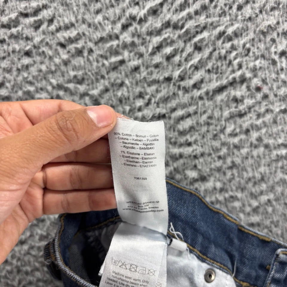 Pantalones de mezclilla ajustados elásticos de algodón lavado oscuro azul 30x31 baratos Monday para hombre Foto 4 de 4