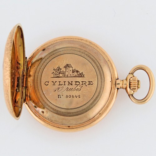 Schweizer 14K massiv Gold Demi-Hunter HC Emaille Blumen Zylinder Taschenuhr 35mm - Bild 5 von 7