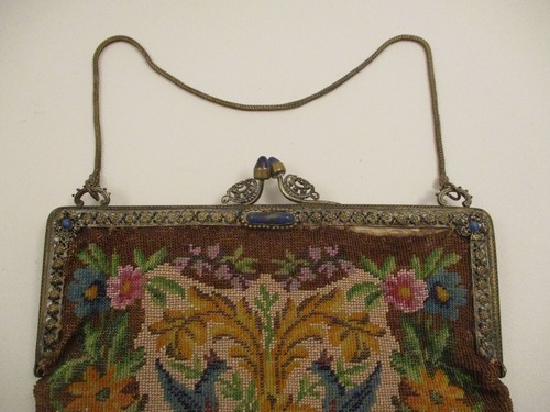 Antique Micro Beaded Purse Flowers Birds Design Ornate Brass Inlaid Frame - Picture 5 of 12