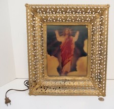 Vtg. Brass Frame Lighted Hologram 3D Lenticular Jesus The Ascension of our Lord