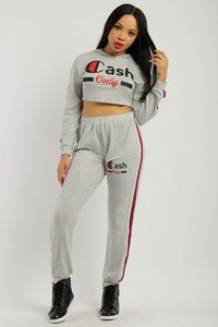 New-Women-039-s-2-Piece-034-Cash-Only-034-Slogan-Sweat-Suit-Grey