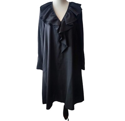 COS Womens Size 6 Black Deep V-Neck Ruffled Neckline L/S Pockets Shift Dress