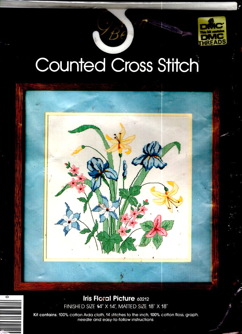 SALE!! Iris Floral Picture VINTAGE Golden Bee LARGE Counted Cross Stitch Kit