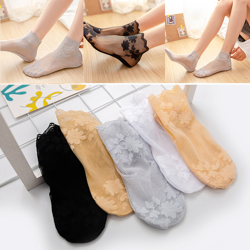 Summer Sexy Womens Lace Sheer Silk Short Mesh Socks Non-slip Ankle