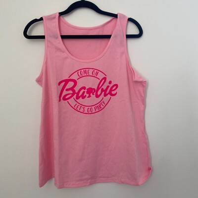 Come on Barbie Let's go Party Tank Top Shirt Pink Graphic Scoop Neck Pullover
