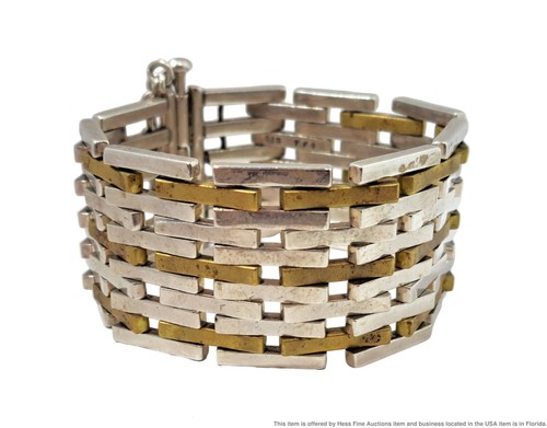 Vintage Designer Signed Taxco Mexican Mesh Brass Sterling Silver Bracelet