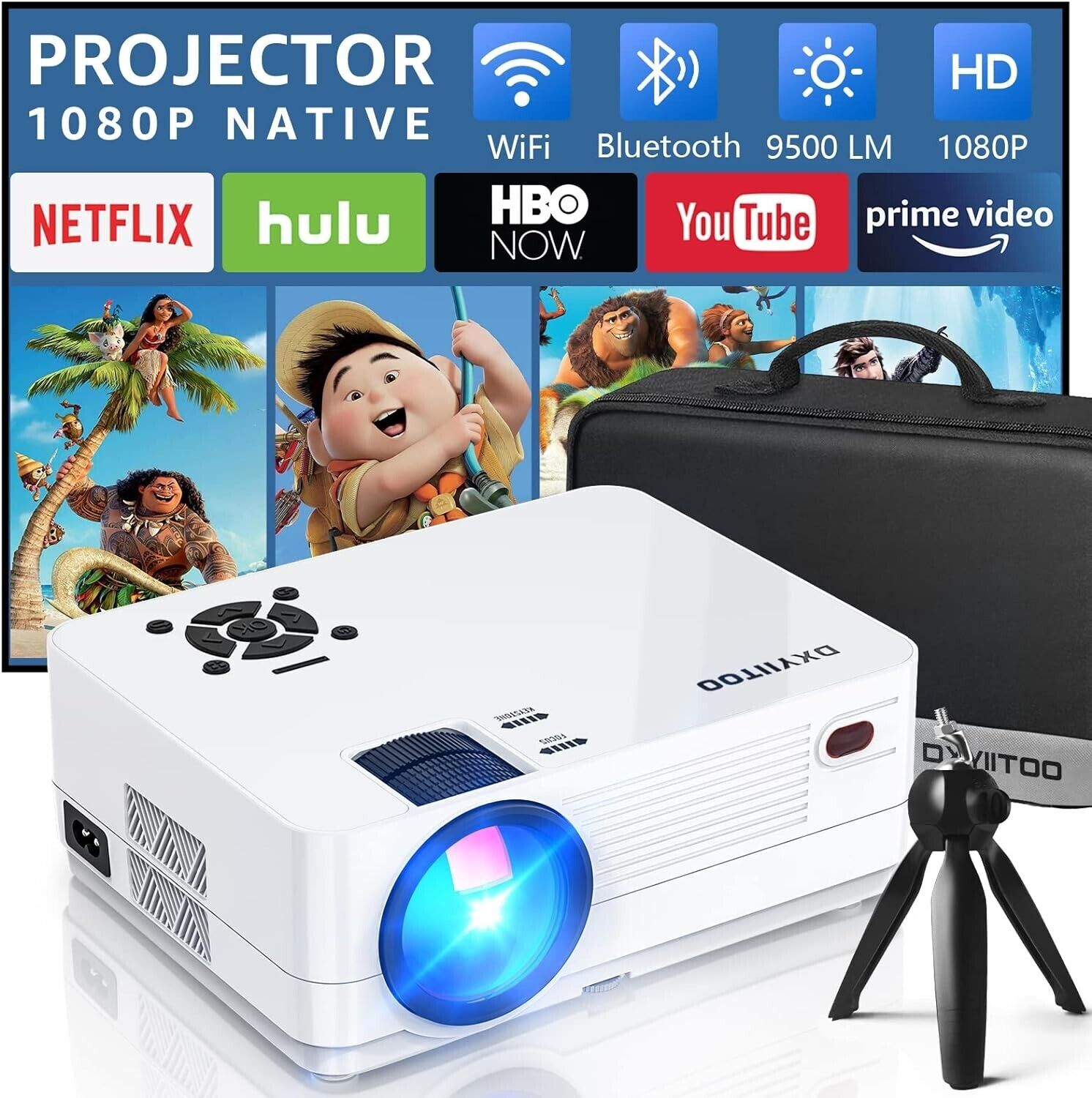 1080P Full HD Projector with Wi-Fi and Two-Way Bluetooth Movie Projector
