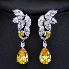 Silver Plated Cubic Zircon Yellow Women Bridal Long Water Drop Dangle Earrings 