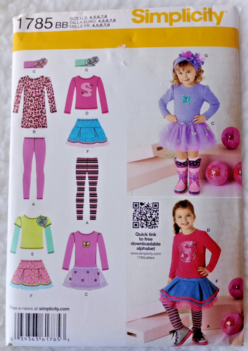 Simplicity Toddler, Child Skirt Dress Top Legging Headband Pattern 1785 Size 4-8 - 第 1/2 張圖片