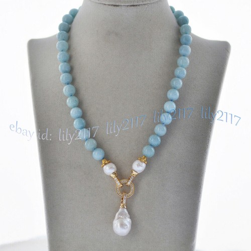 Natural Blue Aquamarine Gems Beaded White Keshi Baroque Pearl Pendant Necklace - Picture 5 of 12