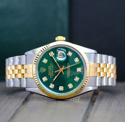 Mens Rolex Watch Datejust 16233 18K Gold & SS Green Diamond Dial