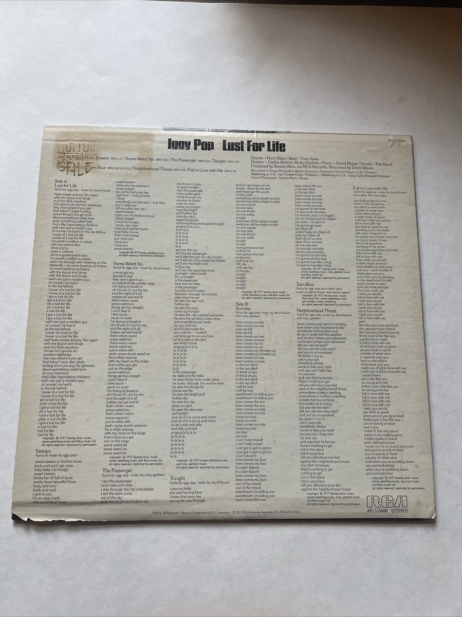IGGY POP LP LUST FOR LIFE 1977 ORIGINAL PRESS RCA AFL1-2488 IGGY POP LP LUST FOR LIFE 1977 ORIGINAL PRESS RCA AFL1-2488