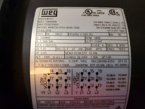 Motore WEG 1/3HP 230/460V 3480 RPM PH 3 acciaio laminato W01 TE01C0X0X NUOVO - Foto 6 di 7
