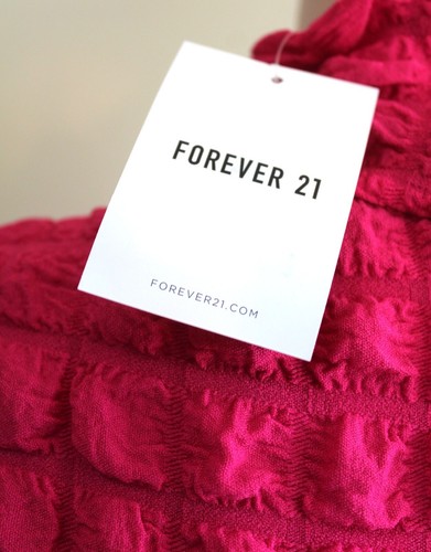 Forever 21 Knit Bodycon Dress L Fuchsia Pink Textural Puff L/S Mock Above Knee - Picture 7 of 12
