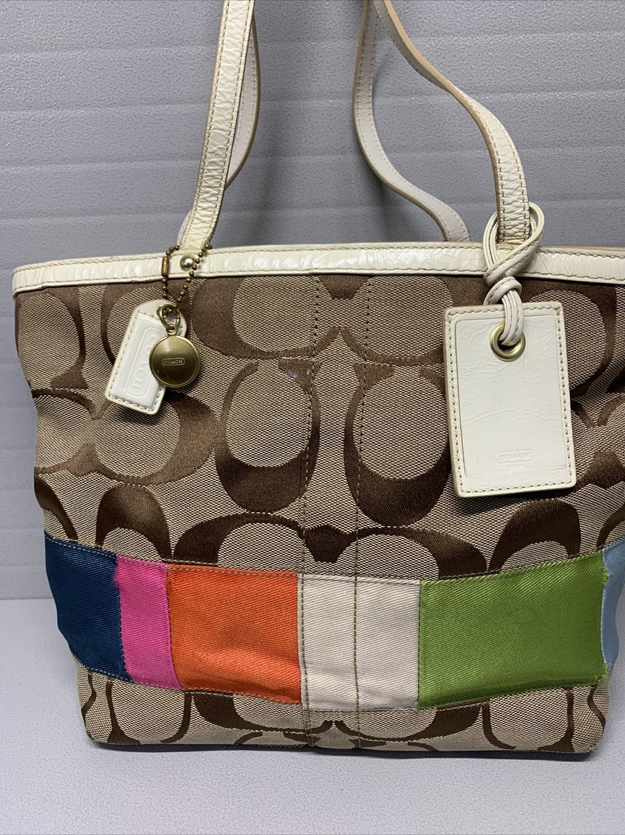 バッグ COACH Multicolor Signature Handbag Coach Signature Multicolor Stripes Canvas Leather Trim Small Tote