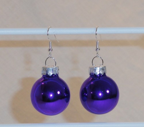 Shiny Purple or Blue Holiday Dangle Earrings Glass Ball Christmas Ornaments - Picture 6 of 10