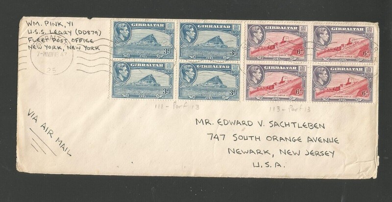 *Rare* 1947 Gibraltar cover sent from U.S.S. Leary (DD879)