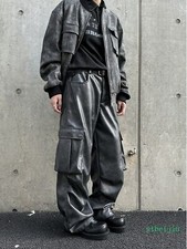 Mens Vintage Leather Pant Large Pocket Wide-leg Casual Long Trouser Hip Hop 2025