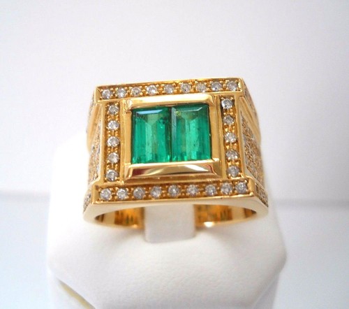 Colombian Emerald-Diamond Men's Ring 2.63 TCW 18K Yellow Gold Fine Jewelry Muzo - Picture 4 of 12