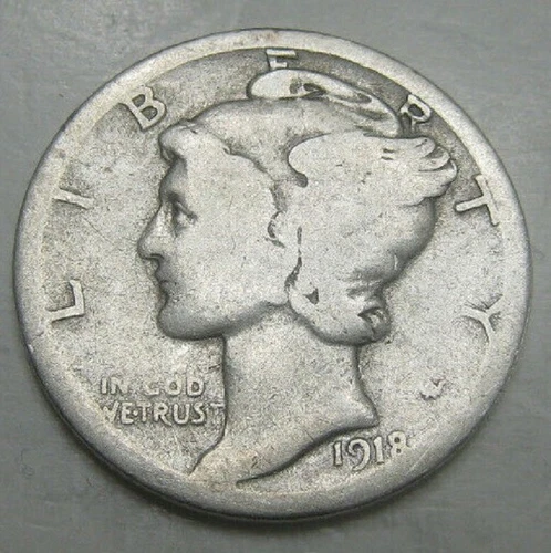 1918 D Mercury Dime circulated 90% Silver  Good  , Average circulated