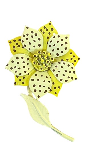 Vintage Retro Yellow Polk Dot Enamel Flower W/ Stem Brooch Pin 60s 70s MCM - Picture 2 of 7