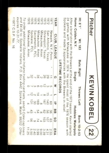 KEVIN KOBEL SIGNED 1977 CRAMER SPOKANE INDIANS #22 ON-CARD AUTO - Picture 2 of 2