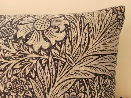 William Morris Marigold Fabric Linen Ink & Grey Velvet Cushion Cover Oblong - Picture 4 of 24