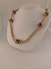 VINTAGE ART GLASS BEAD NECKLACE 28" LONG VINTAGE OVAL ROUND MARBLED